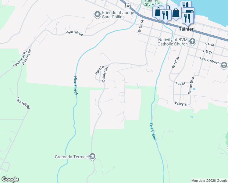 map of restaurants, bars, coffee shops, grocery stores, and more near 30198 Sandy Lane in Rainier