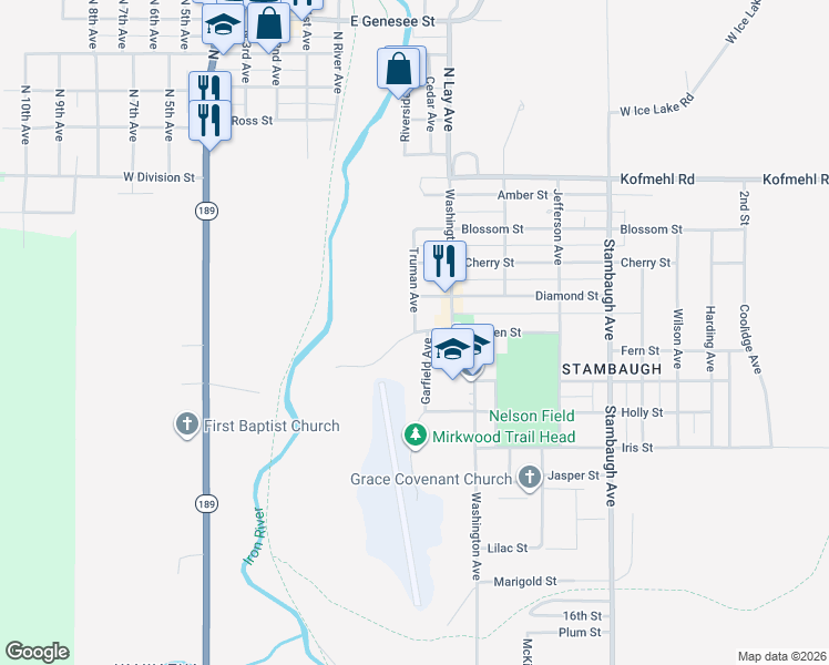 map of restaurants, bars, coffee shops, grocery stores, and more near 598 Madison Avenue in Iron River