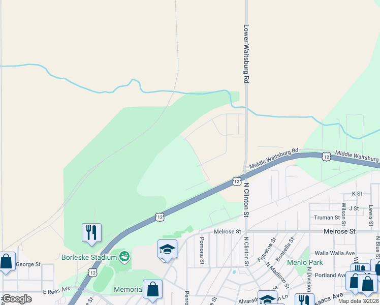 map of restaurants, bars, coffee shops, grocery stores, and more near U.S. 12 in Walla Walla
