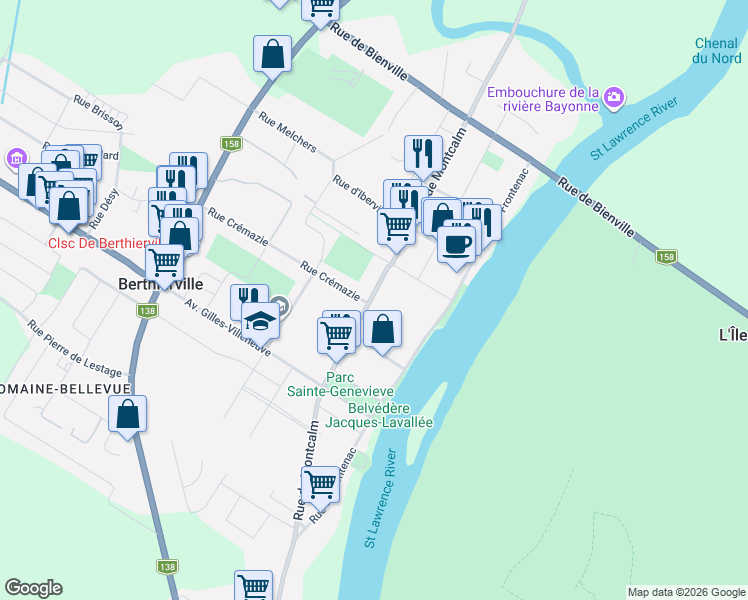 map of restaurants, bars, coffee shops, grocery stores, and more near 611 Rue Montcalm in Berthierville