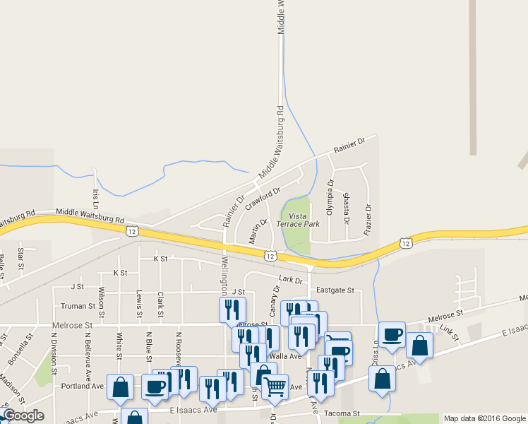 map of restaurants, bars, coffee shops, grocery stores, and more near 935 Blue Mountain Drive in Walla Walla