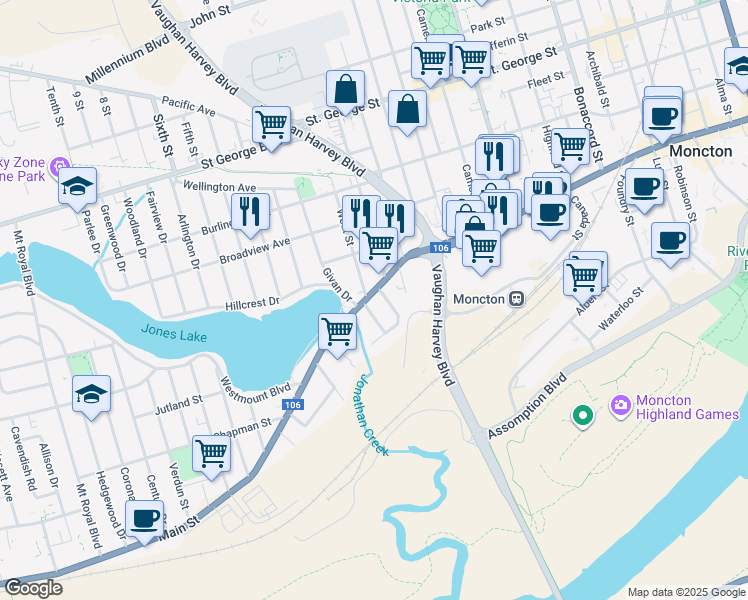 map of restaurants, bars, coffee shops, grocery stores, and more near 1530 Main Street in Moncton
