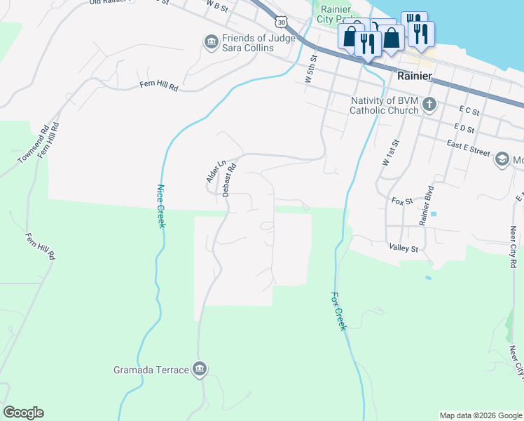 map of restaurants, bars, coffee shops, grocery stores, and more near 30198 Sandy Lane in Rainier