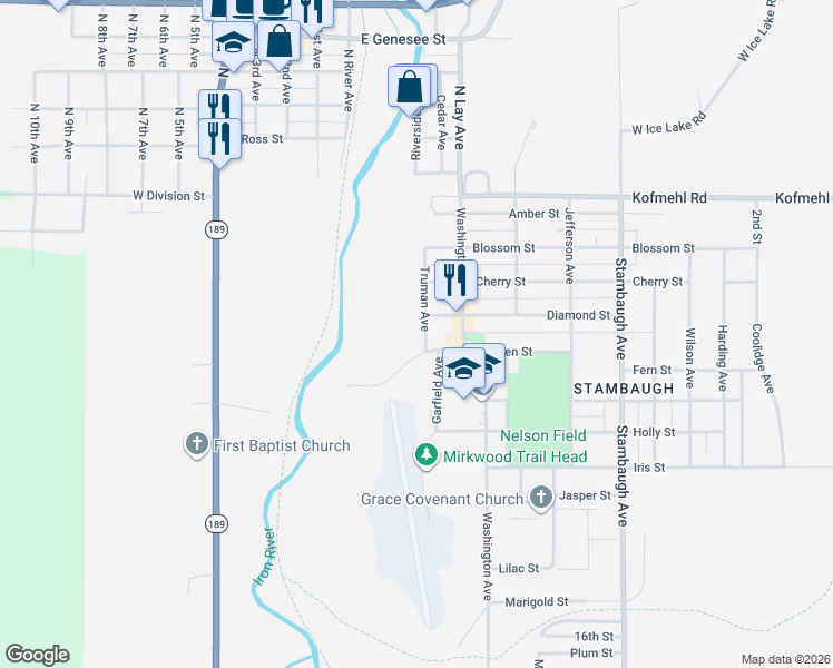 map of restaurants, bars, coffee shops, grocery stores, and more near 598 Madison Avenue in Iron River