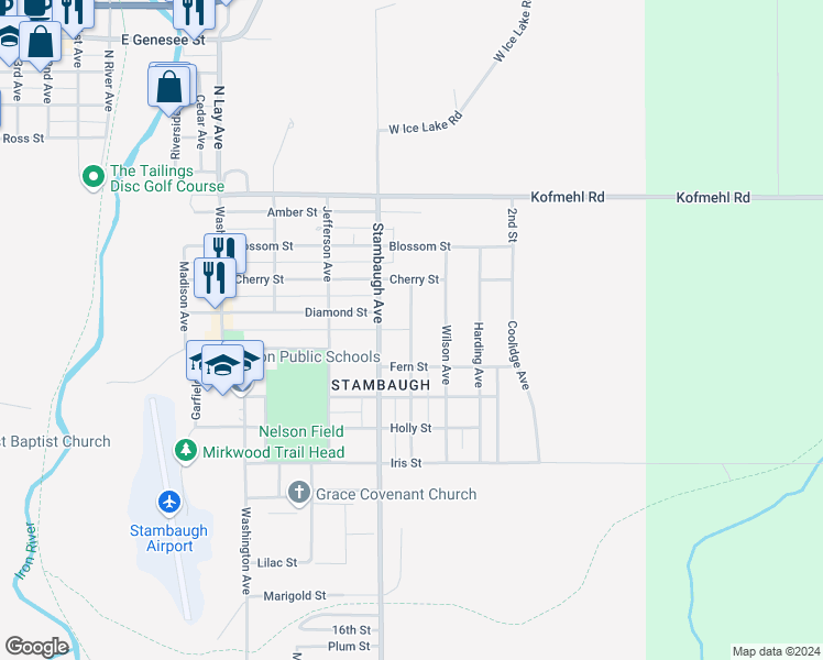 map of restaurants, bars, coffee shops, grocery stores, and more near 515 Roosevelt Avenue in Iron River