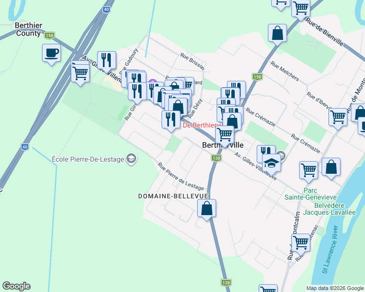 map of restaurants, bars, coffee shops, grocery stores, and more near 841 Rue John F. Kennedy in Berthierville