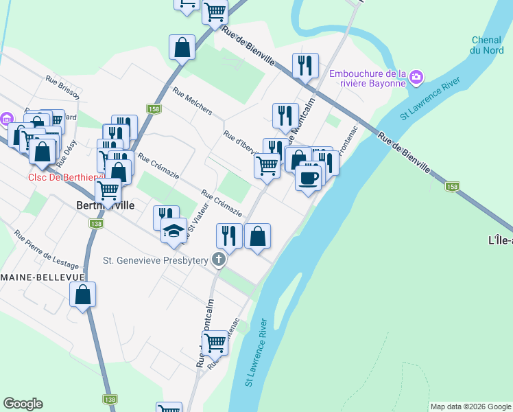 map of restaurants, bars, coffee shops, grocery stores, and more near 591 Rue Montcalm in Berthierville