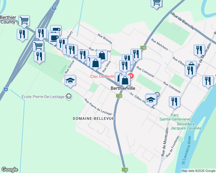 map of restaurants, bars, coffee shops, grocery stores, and more near 730 Rue Lambert in Berthierville