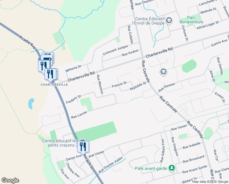 map of restaurants, bars, coffee shops, grocery stores, and more near 204 Frederic Street in Dieppe