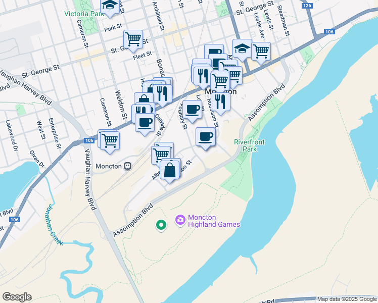map of restaurants, bars, coffee shops, grocery stores, and more near 50 Foundry Street in Moncton