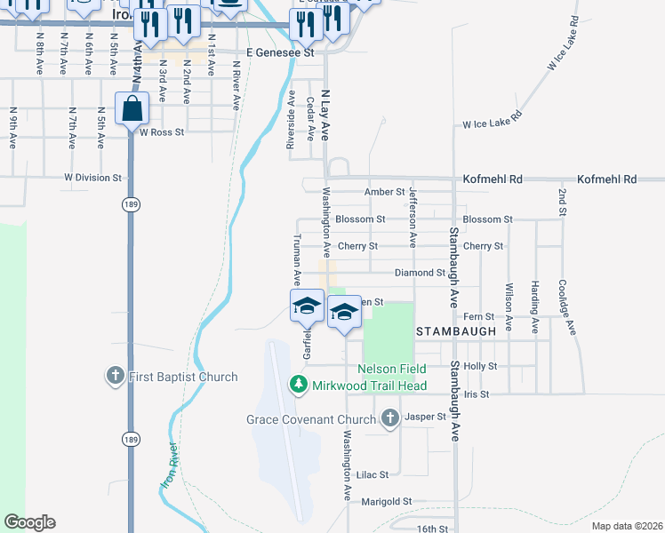 map of restaurants, bars, coffee shops, grocery stores, and more near 221 Diamond Street in Iron River