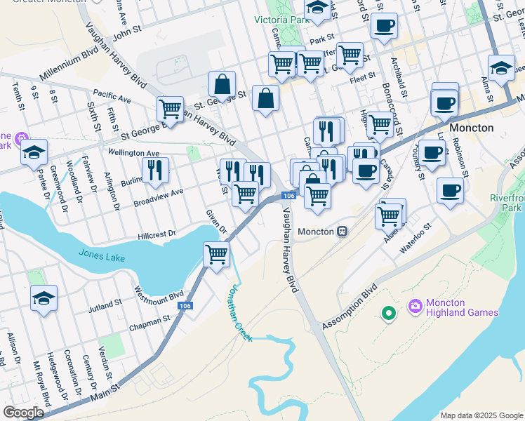 map of restaurants, bars, coffee shops, grocery stores, and more near in Moncton