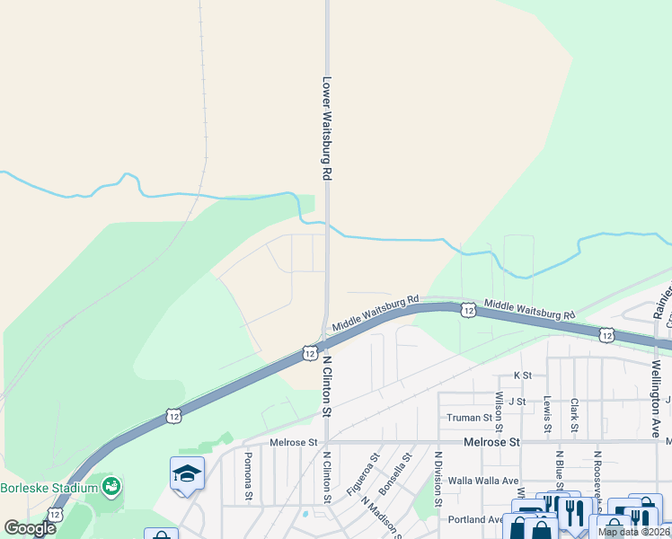 map of restaurants, bars, coffee shops, grocery stores, and more near 1480 Lower Waitsburg Road in Walla Walla