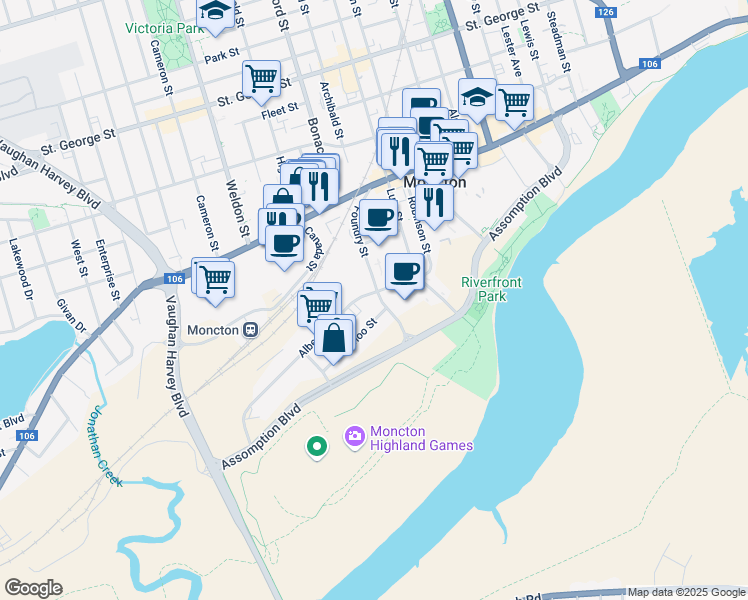 map of restaurants, bars, coffee shops, grocery stores, and more near 50 Foundry Street in Moncton