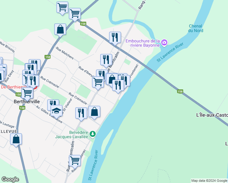 map of restaurants, bars, coffee shops, grocery stores, and more near 77 Rue d'Iberville in Berthierville