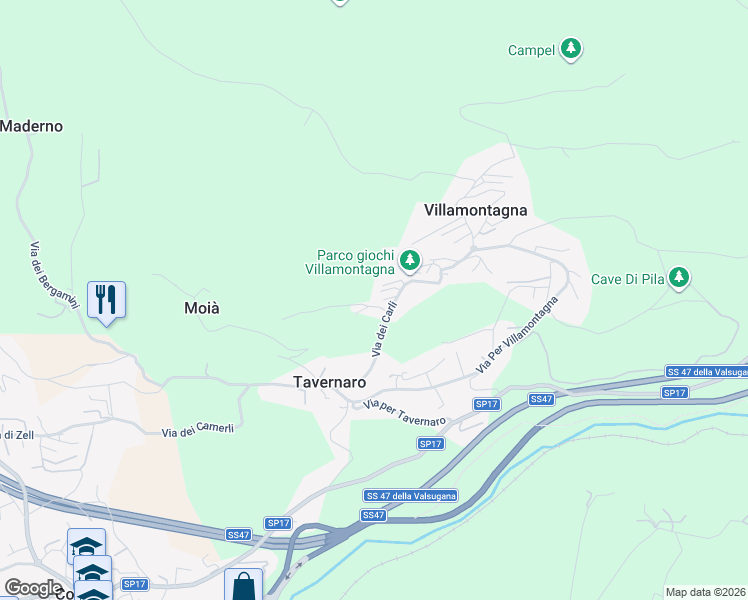 map of restaurants, bars, coffee shops, grocery stores, and more near 8 via per Chiogna in Trento