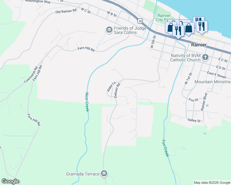 map of restaurants, bars, coffee shops, grocery stores, and more near 75050 Neer Way in Rainier