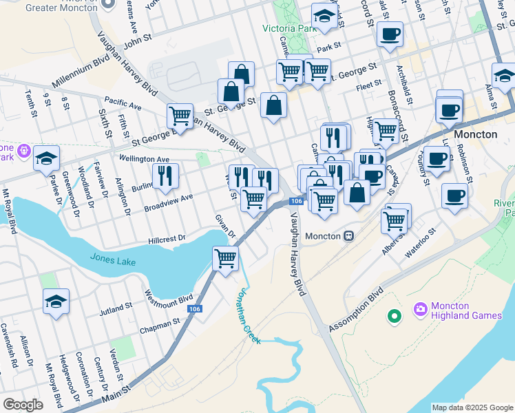 map of restaurants, bars, coffee shops, grocery stores, and more near 19 Enterprise Street in Moncton