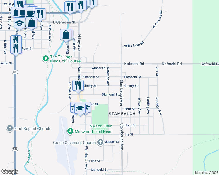 map of restaurants, bars, coffee shops, grocery stores, and more near 402 Cherry Street in Iron River