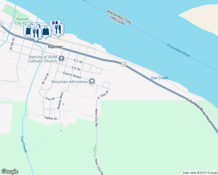 map of restaurants, bars, coffee shops, grocery stores, and more near 912 East F Street in Rainier