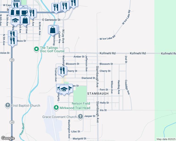 map of restaurants, bars, coffee shops, grocery stores, and more near 402 Cherry Street in Iron River