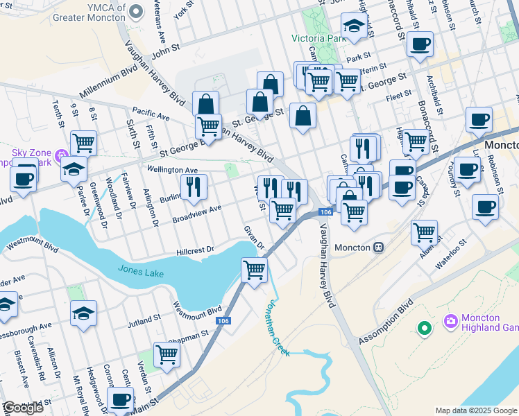 map of restaurants, bars, coffee shops, grocery stores, and more near in Moncton