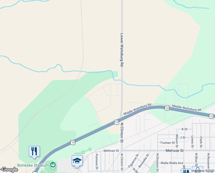 map of restaurants, bars, coffee shops, grocery stores, and more near 1480 Lower Waitsburg Road in Walla Walla