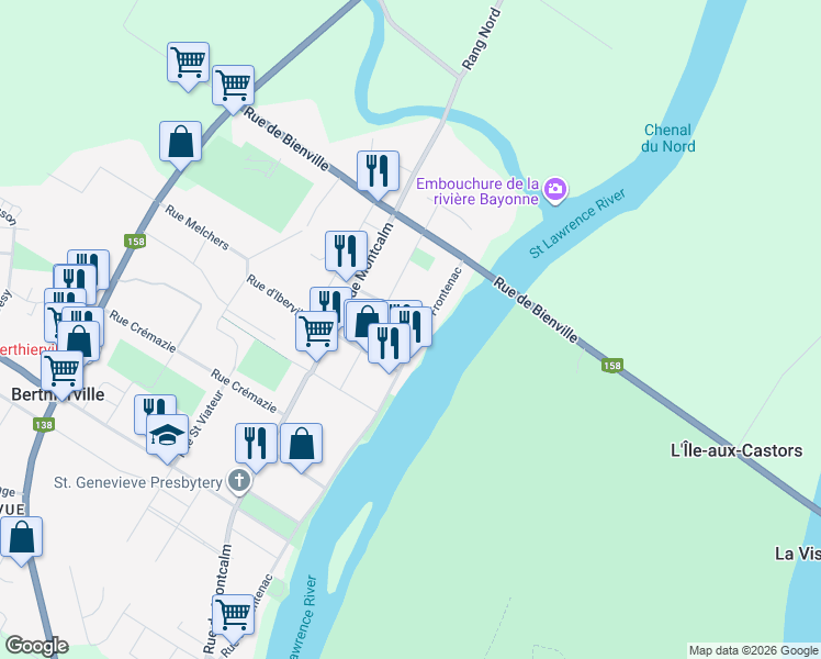 map of restaurants, bars, coffee shops, grocery stores, and more near 400 Rue de Frontenac in Berthierville