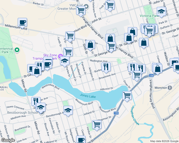 map of restaurants, bars, coffee shops, grocery stores, and more near in Moncton