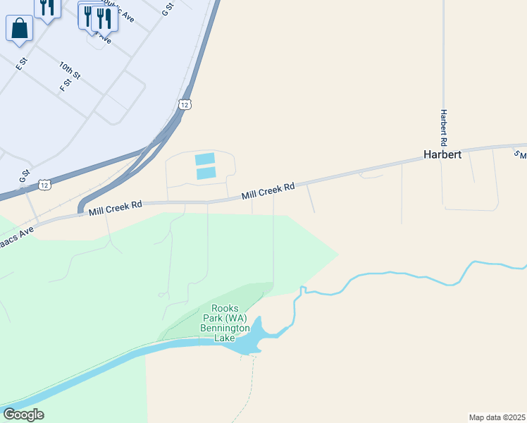 map of restaurants, bars, coffee shops, grocery stores, and more near Rooks Park Road in Walla Walla