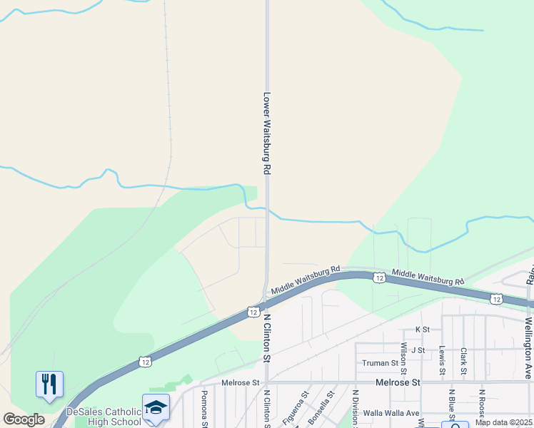 map of restaurants, bars, coffee shops, grocery stores, and more near 1399 Lower Waitsburg Road in Walla Walla