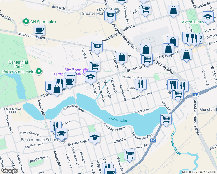 map of restaurants, bars, coffee shops, grocery stores, and more near 90 Woodland Drive in Moncton