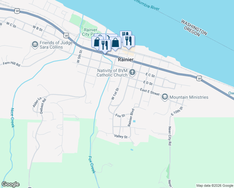 map of restaurants, bars, coffee shops, grocery stores, and more near West 1st Street in Rainier