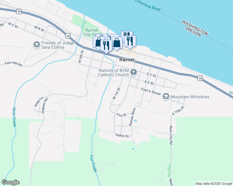 map of restaurants, bars, coffee shops, grocery stores, and more near West 1st Street in Rainier