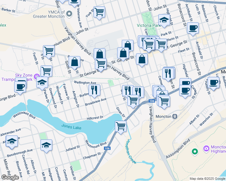 map of restaurants, bars, coffee shops, grocery stores, and more near 139 Givan Drive in Moncton