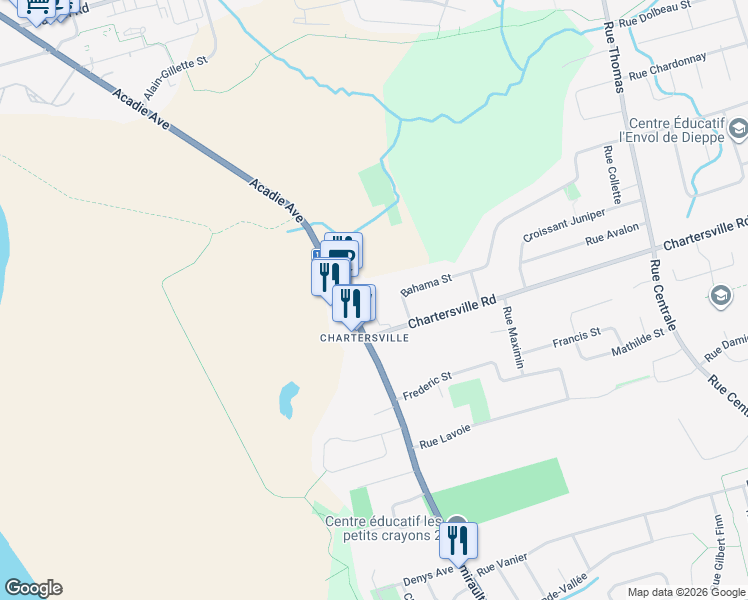 map of restaurants, bars, coffee shops, grocery stores, and more near 35 Primrose Lane in Dieppe