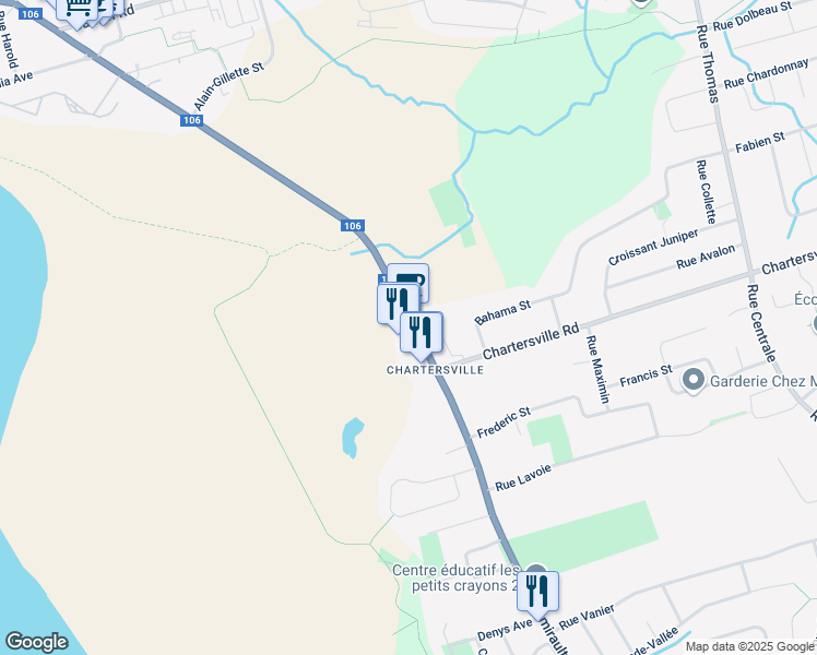 map of restaurants, bars, coffee shops, grocery stores, and more near 281 Amirault Street in Dieppe