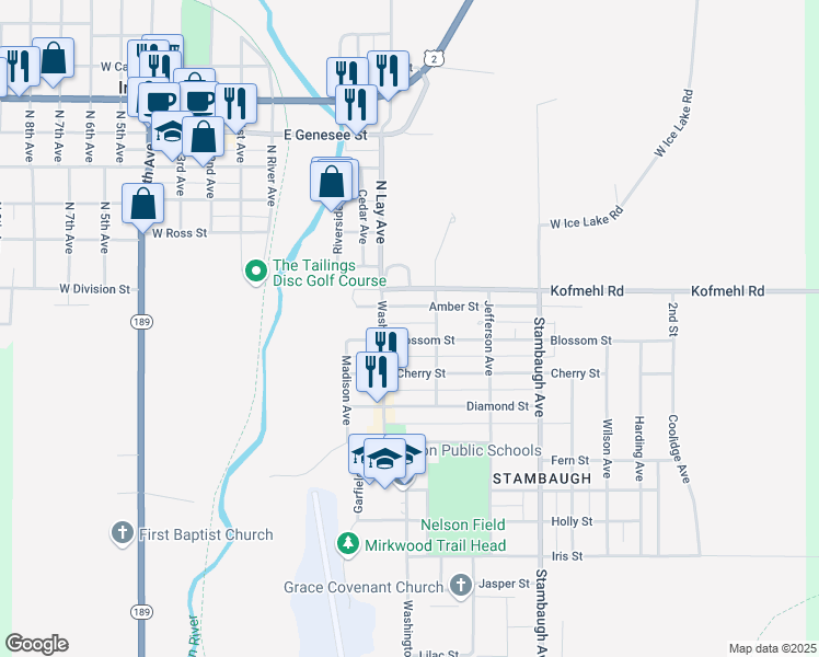 map of restaurants, bars, coffee shops, grocery stores, and more near in Iron River