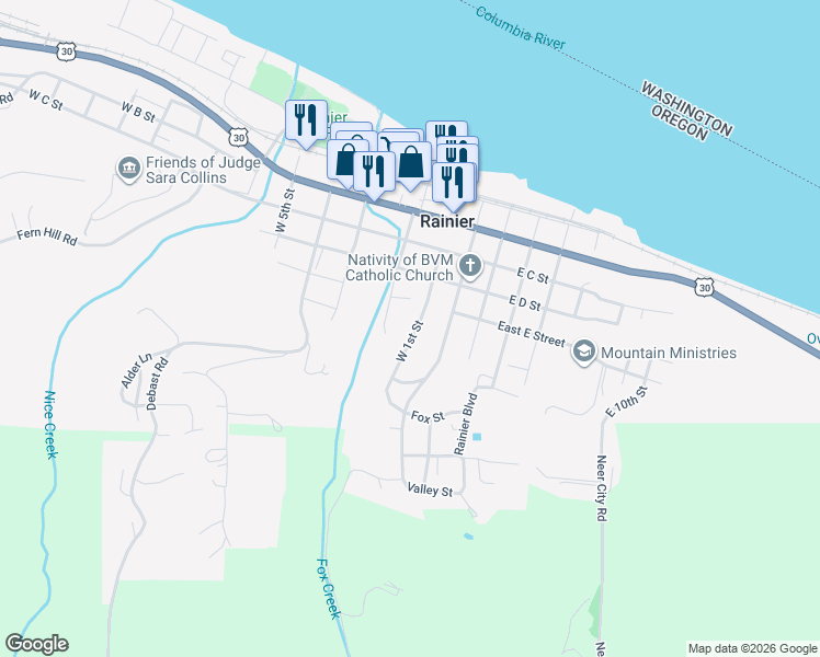 map of restaurants, bars, coffee shops, grocery stores, and more near 528 West 1st Street in Rainier