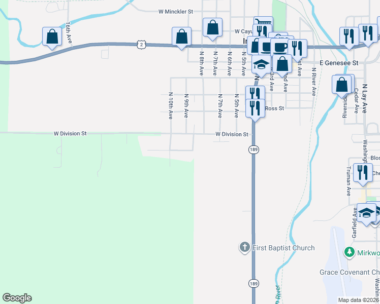 map of restaurants, bars, coffee shops, grocery stores, and more near 901-999 Sunrise Avenue in Iron River