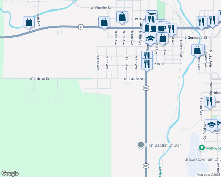 map of restaurants, bars, coffee shops, grocery stores, and more near 901 Sunrise Avenue in Iron River