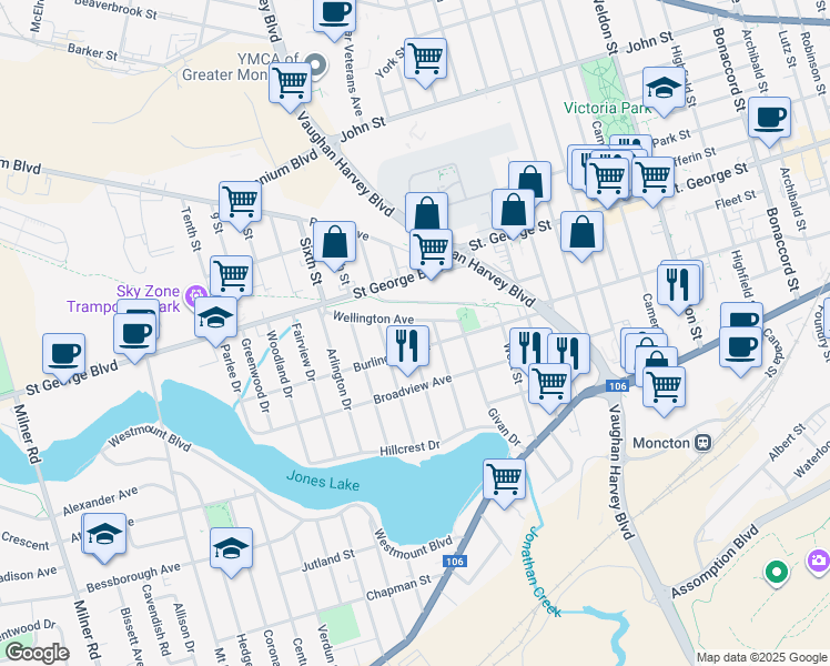 map of restaurants, bars, coffee shops, grocery stores, and more near 75 Orchard Drive in Moncton