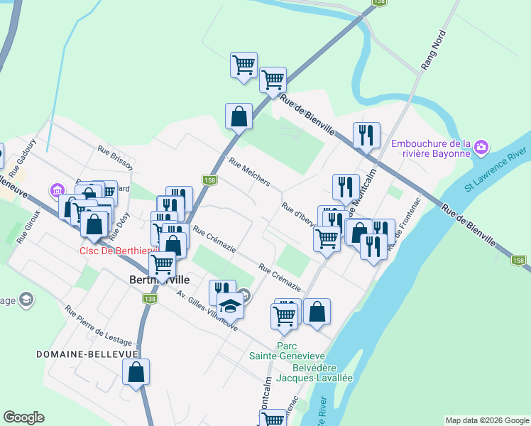 map of restaurants, bars, coffee shops, grocery stores, and more near 530 Rue Marchand in Berthierville
