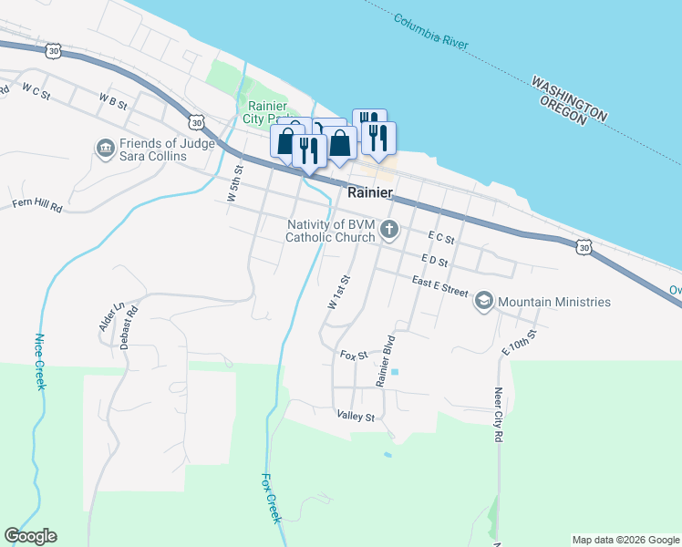 map of restaurants, bars, coffee shops, grocery stores, and more near 528 West 1st Street in Rainier