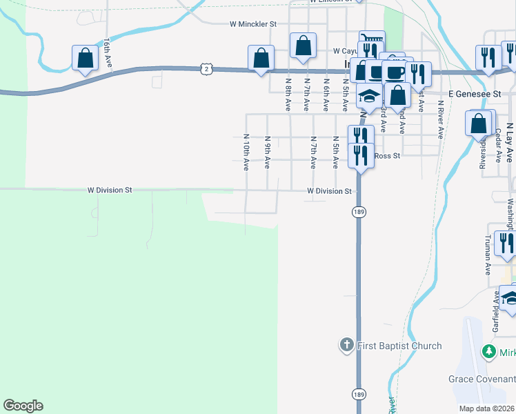 map of restaurants, bars, coffee shops, grocery stores, and more near 901-999 Sunrise Avenue in Iron River