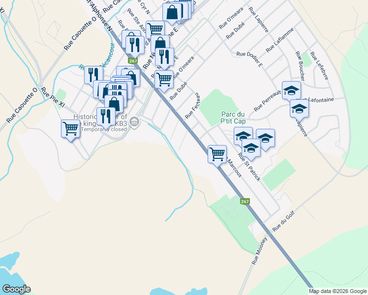 map of restaurants, bars, coffee shops, grocery stores, and more near 84 Rue Lacerte in Thetford Mines