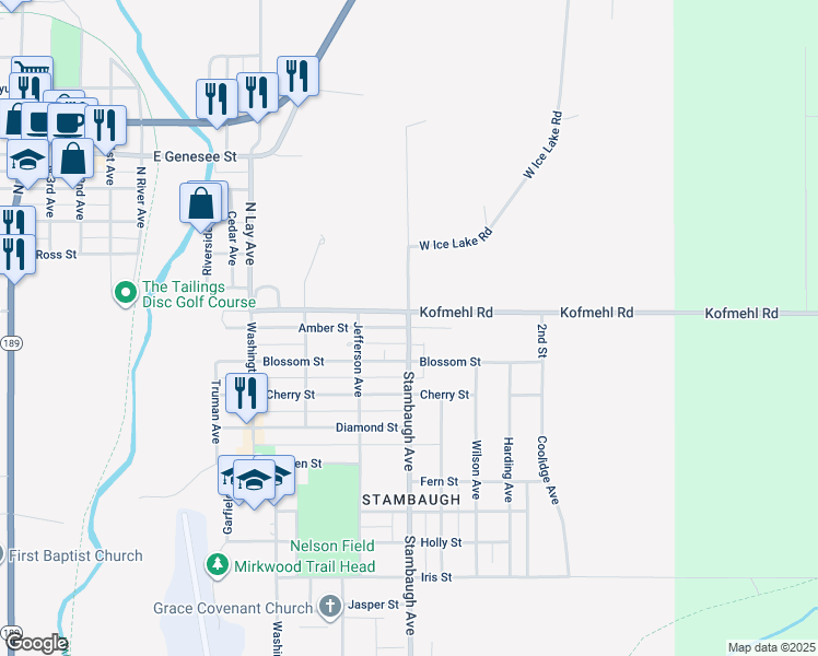 map of restaurants, bars, coffee shops, grocery stores, and more near 201 Lincoln Avenue in Iron River