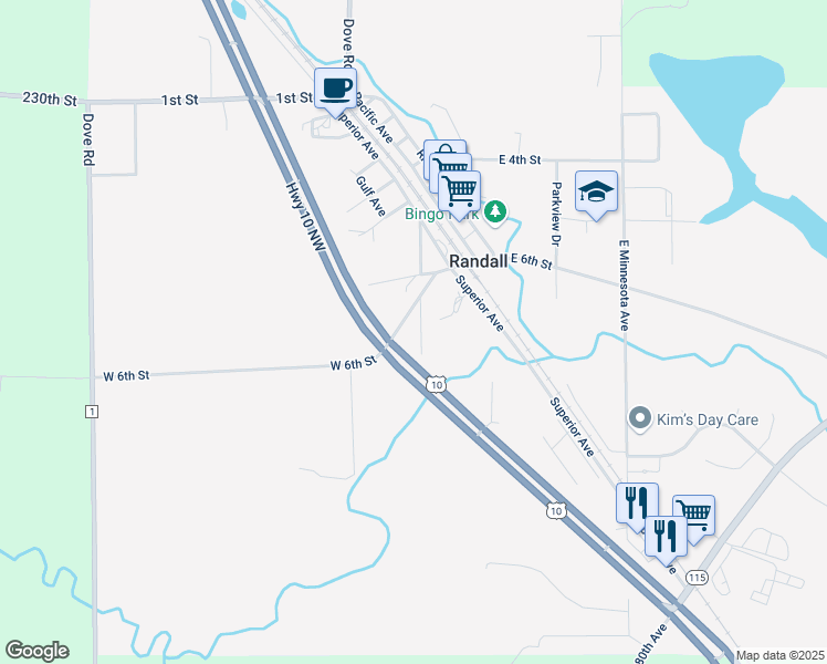 map of restaurants, bars, coffee shops, grocery stores, and more near 120 West 6th Street in Randall