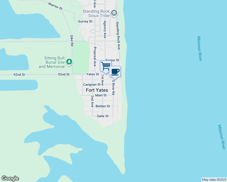 map of restaurants, bars, coffee shops, grocery stores, and more near South River Road in Fort Yates