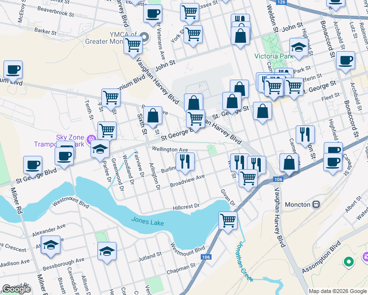 map of restaurants, bars, coffee shops, grocery stores, and more near 37 Wellington Avenue in Moncton